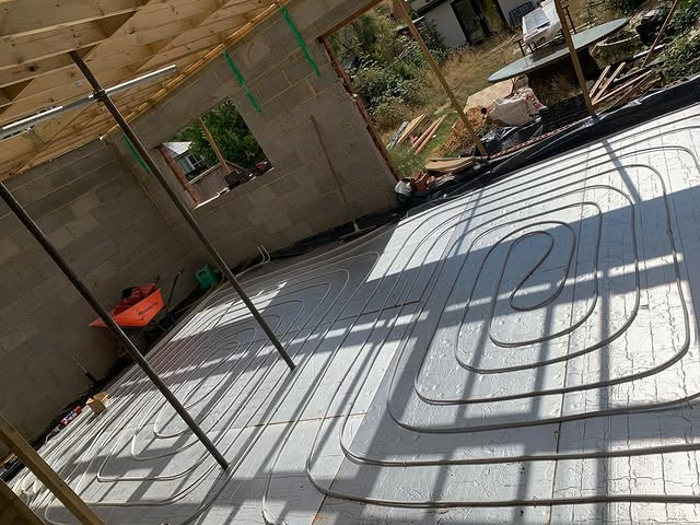 Underfloor heating pipework laid for a house extension